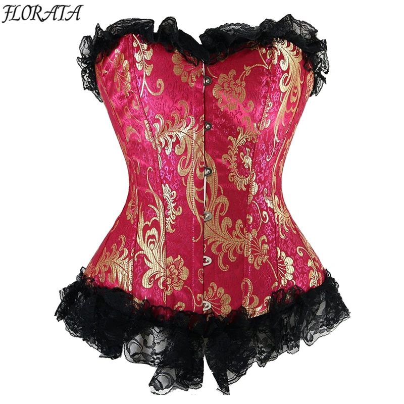 

Burlesque Corsets Waist Trainer Shapewear Bustier Gothic Steampunk Corselet Cincher Boned Lace Gold Floral Corset Plus Size