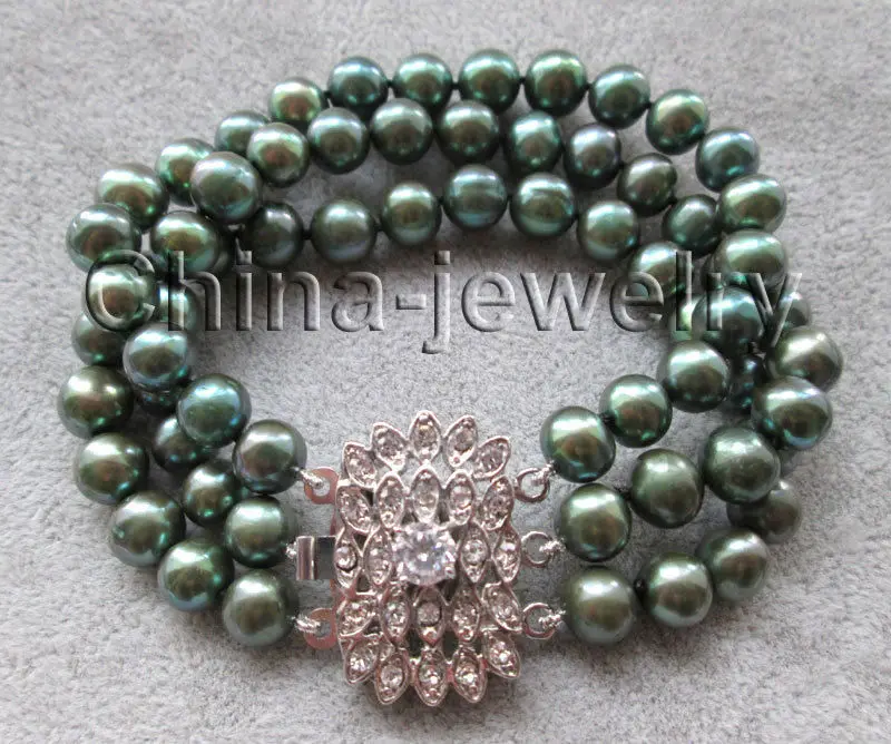 

Beautiful 8" 3row 9mm green round freshwater pearl bracelet - gold plated claspNoble style Natural Fine jewe Fast (D) SHIPPING