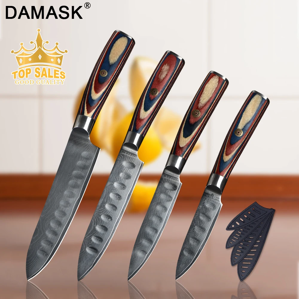 

Damask Japan Damascus Kitchen Knives Set Flower Nail Chef Slicing Utility Paring Knife Set VG10 Steel 62HRC Super Sharp Cutlery