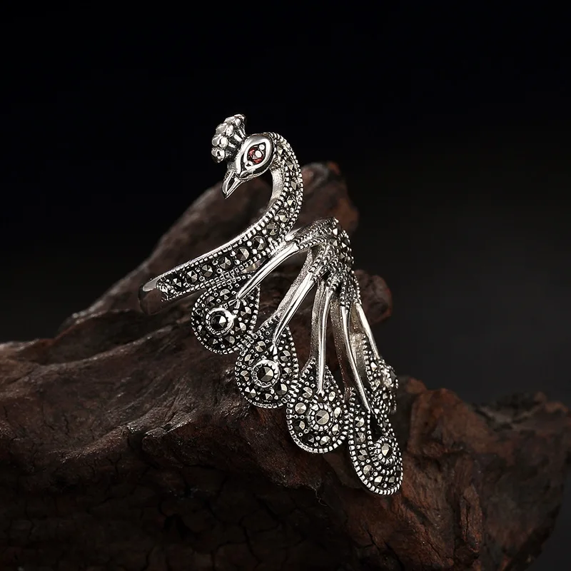L&P Thai Silver The peacock Marcasite Inlay Ring For Women Retro personality 925 Sterling Silver Ring Jewel For Gift L&P Thai Silver The peacock Marcasite Inlay Ring For Women Retro personality 925 Sterling Silver Ring Jewel For Gift