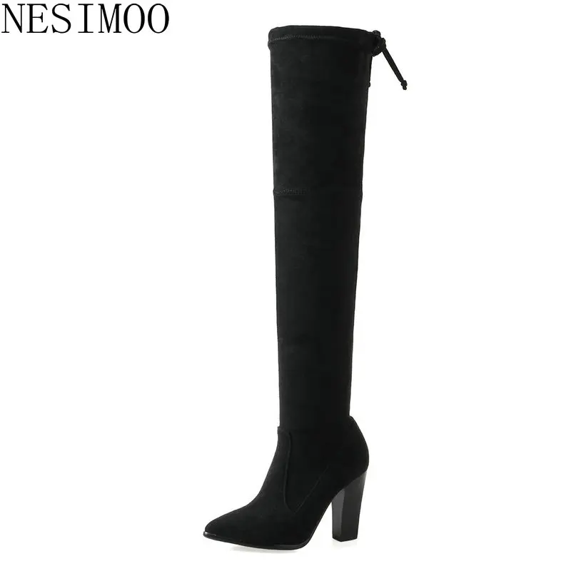 NESIMOO 2019 Fashion Women Knee High Boots Heel Pointed Toe Simple Basic All Match Western Ladies Shoes Size 34-43 | Обувь