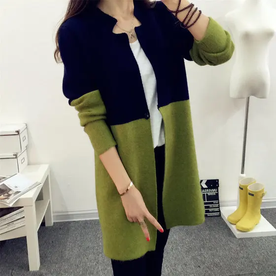 

Korean style casual color block loose woman knit coat spring and autumn long sleeve patchwork cardigan female long coats