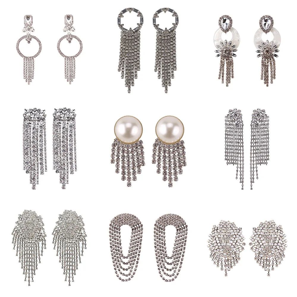 

Girlgo 21 Design White Crystal Tassel Earrings For Women Shiny Pendant Statement Earrings Luxury Circle Hanging Ear Jewelry Gift