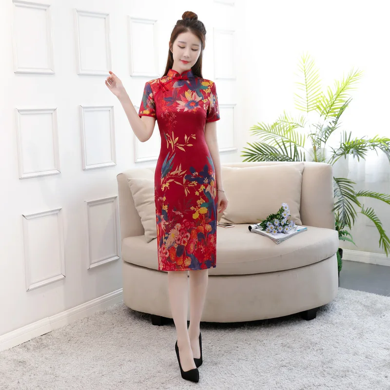 Китайский традиционный Cheongsam Для женщин шелковый атлас колен ength платье