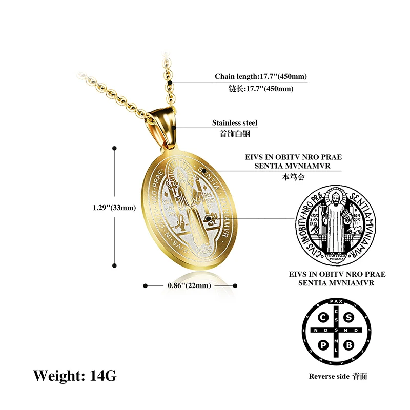 Catholic Patron Saint St Benedict of Nursia Holy Medal Round Pendant Necklace Gold Color Stainless Steel Choker Jewelry Women