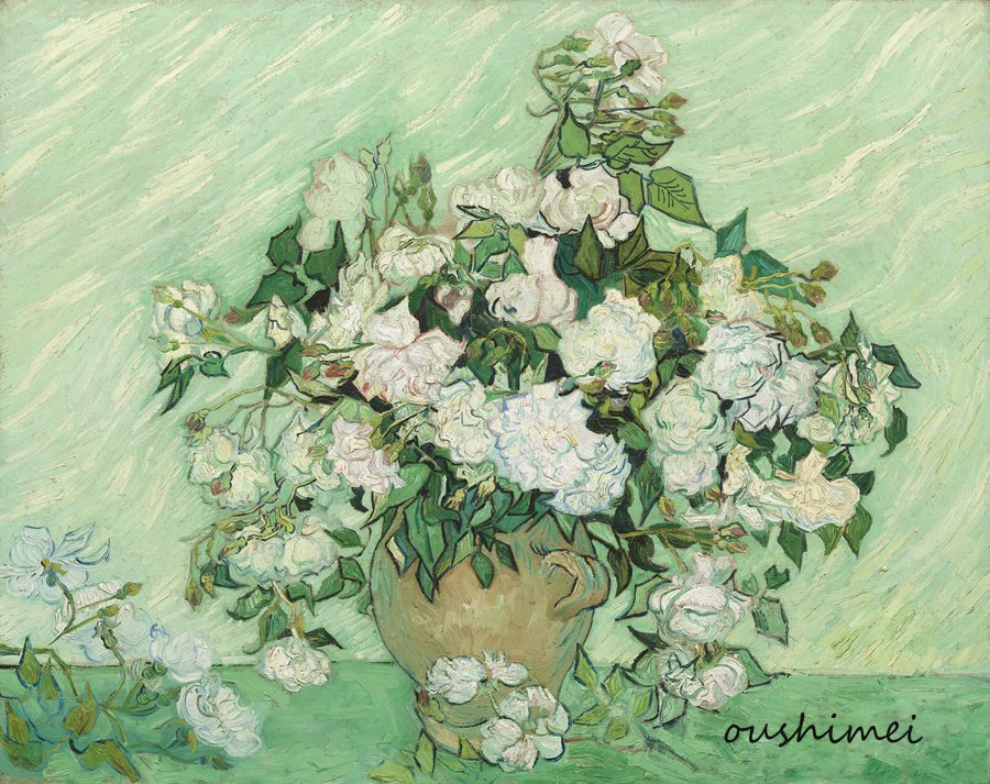 

Hand Painted Reproduction Van Gogh's Artwork White Roses Oil Painting on Canvas Handmade Wall Art Plant Flower in Vase Picture