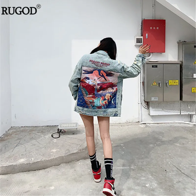 Куртка RUGOD женская джинсовая с забавным мультяшным принтом винтажная уличная