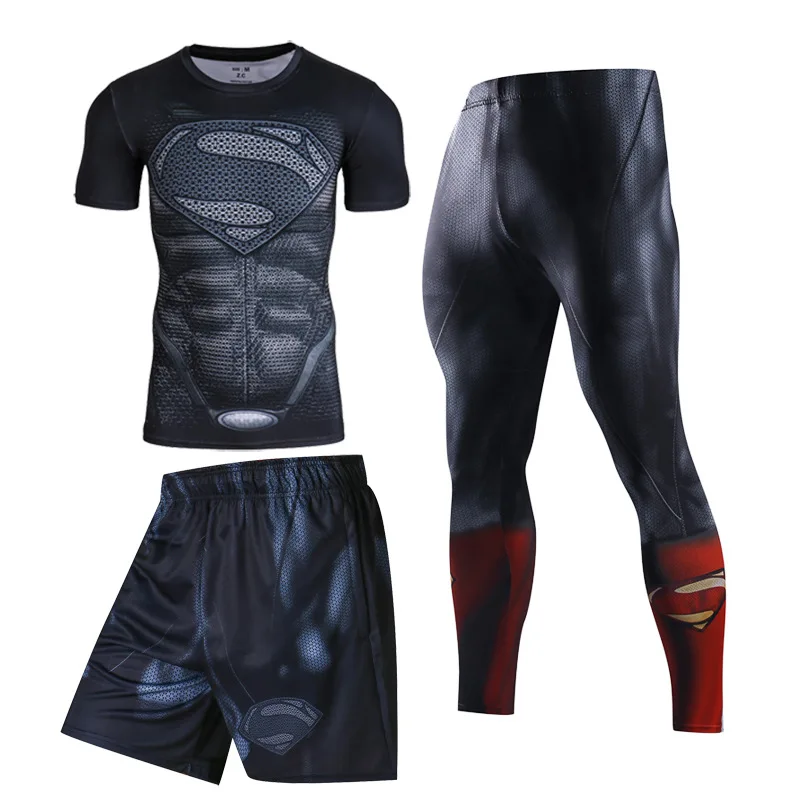 Мужская одежда для фитнеса, трико с коротким рукавом, спортивная одежда, баскетбольные тренировочные быстросохнущие комплекты из трех предметов для бега, одежда для спортзала, компрессионные комплекты
