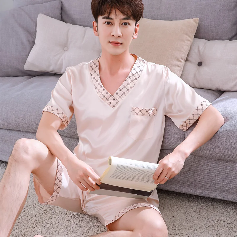 Лидер продаж мужские шелковые пижамные комплекты летние пижамы сексуальное