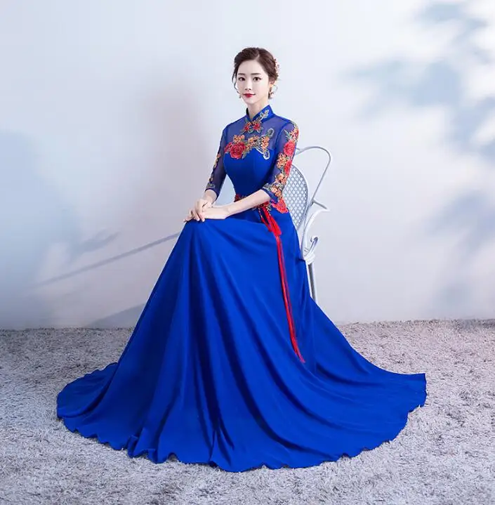 

2018 Luxury Royal Blue Tailing Evening Dress Bride Wedding Cheongsam Chinese Oriental Dresses Free Shipping