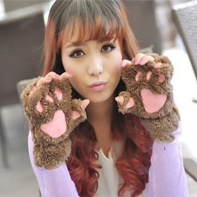 Перчатки новые женские зимние милые кошачья лапа с когтями толстые плюшевые теплые варежки короткие перчатки - Цвет: Хаки