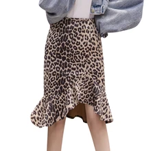 Асимметричные рюши юбка-годе новая Корейская Высокая талия сексуальное миди леопардовая юбка шикарный женский Faldas уличная замши Etek Saia Цзинь