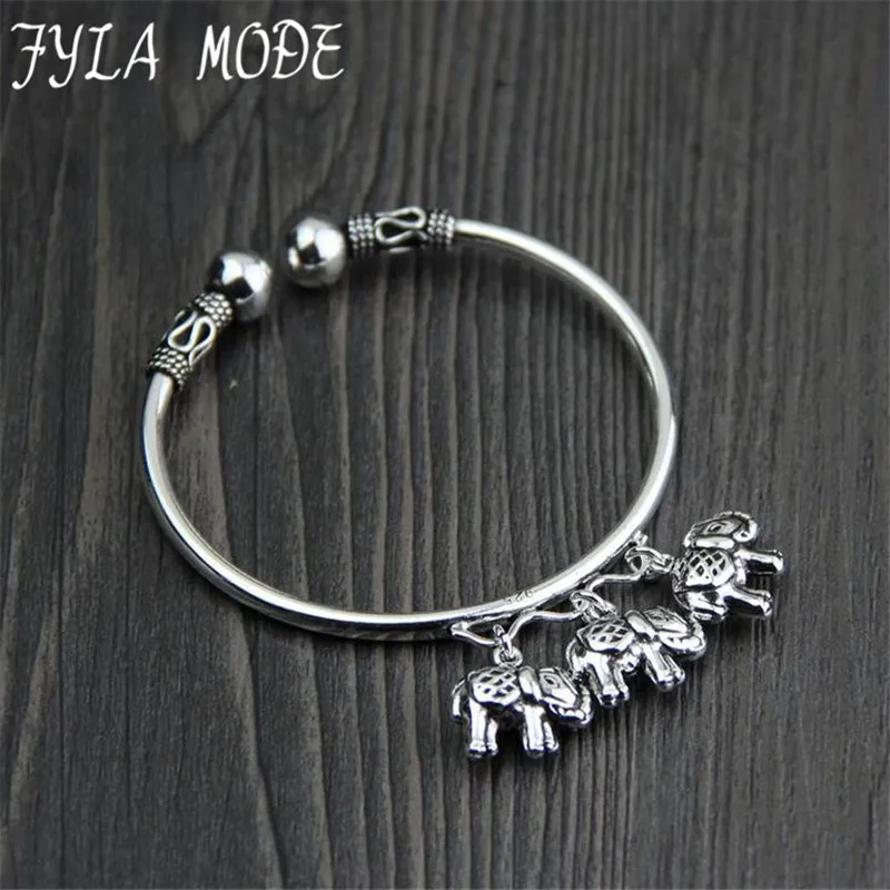 

Fyla Mode 999 Sterling Silver Orinigal Design 3 Elephant Charms Handmade Thai Silver For Ladies Open Bangle Jewelry 3.15MM 14.50
