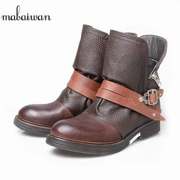 

Mabaiwan Genuine Leather Women Shoes Snow Ankle Boots Black Riding Shoes Woman Booties Autumn Military Cowboy Boots Mujer Flats