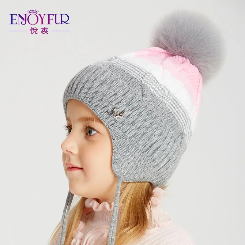 

ENJOYFUR Winter Fox Fur Pompom Hats For Kids Girls Thick Warm Cotton Ears Cap Patchwork Color Children Beanies For Autumn