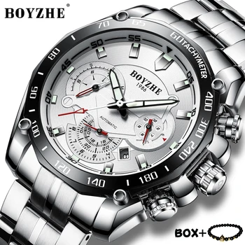 

BOYZHE Mens Mechanical Watches Multifunction Calendar Stainless steel Luminous Sports Men Watch Waterproof Wristwatches for men