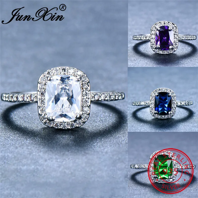 JUNXIN 100% Real s925 Sterling Silver Square Rings For Women Purple Green White Blue Zircon Rainbow Birthstone Ring Wedding Gift