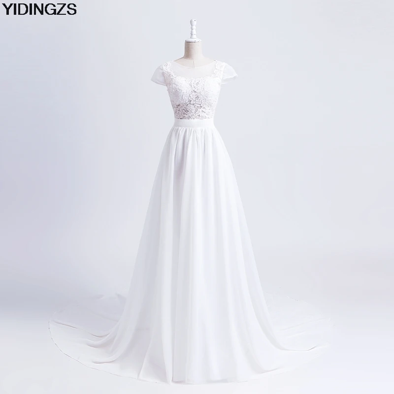 

2018 Hot Selling Chiffon A Line Wedding Dresses Cap Sleeve Lace Backless Robe De Mariee
