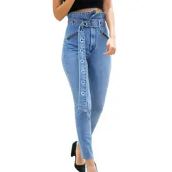 Для женщин обтягивающие джинсы штаны Высокая талия бутон цветка карман брюки + ремень эластичный пояс Модная Высокая Талия Дизайн # Y8