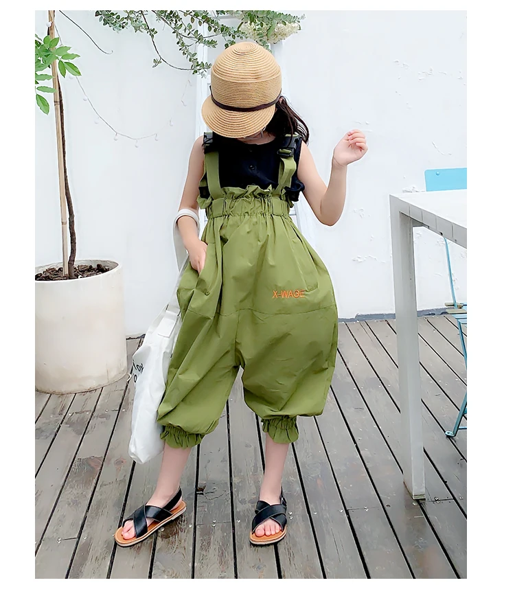 Girls baby black vest+ green jumpsuits 2 pcs sets summer new loose Bloom pants for children clothes overalls suits ws855