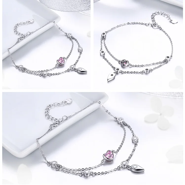 BAMOER Романтический 925 пробы Серебряный сладкий сердце розовый CZ двухслойные браслеты для женщин ювелирные изделия из стерлингового серебра SCB090