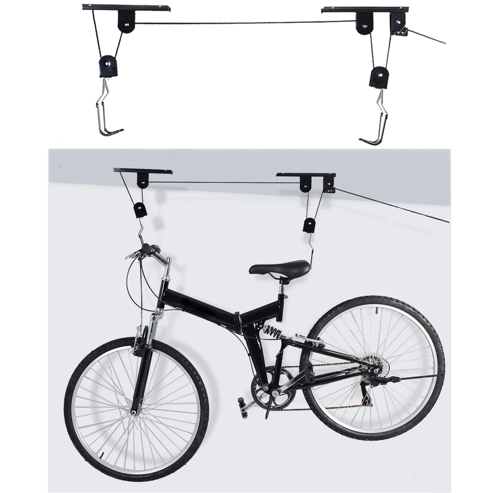 Подъемник для велосипеда, потолочный подъемник для хранения гаража, вешалка для шкива, 45 фунтов, емкость, прочный металлический черный подъемник в сборе