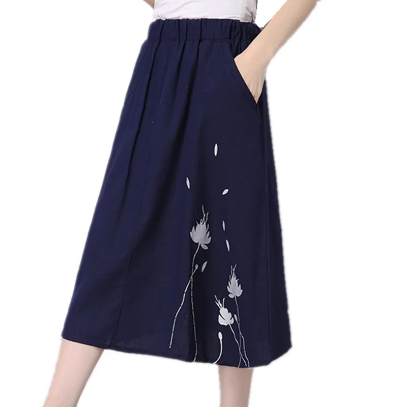 

2019 New fashion women solid color cotton linen skirt Elastic waist Empire vintage print floral casual skirt summer midi skirt
