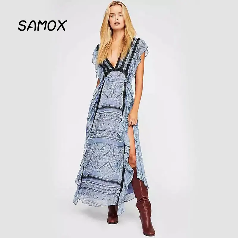 JSMY 2019 New Summer Beach Dress Fashion Women V-neck Backless Ruffle Lace Chiffon Printing Dress