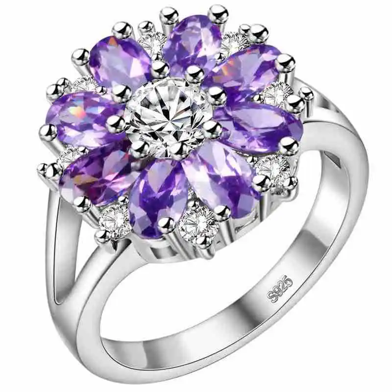 Rainbamabom Роскошные настоящие 925 Твердые из стерлингового серебра, рубиновое свадебное обручальное цветочное кольцо с драгоценным камнем, ювелирные украшения, подарки - Цвет камня: Purple