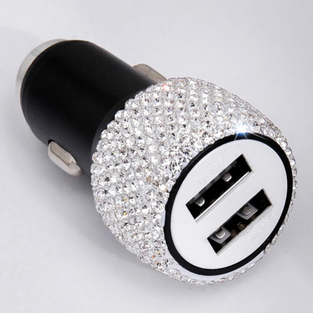 دائم مشرقة المزدوج USB شحن سريعة ل هاتف تابلت الألومنيوم سبائك الزخرفية مستقرة العالمي شاحن سيارة هدية حجر الراين