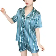 Женская ночная рубашка, сексуальные модные полосатые атласные пижамы, ночная Свободная Домашняя одежда, сексуальная пижама с коротким рукавом, летний отложной воротник