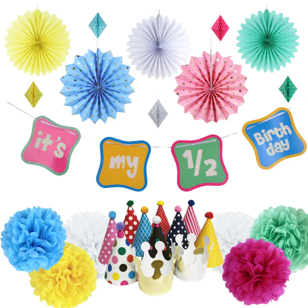 

18pcs 6 months Rainbow Birthday Party Shimmering Sign It's My 1/2 Birthday Banner Half Birthday Party Hats Honeycomb Party Decor