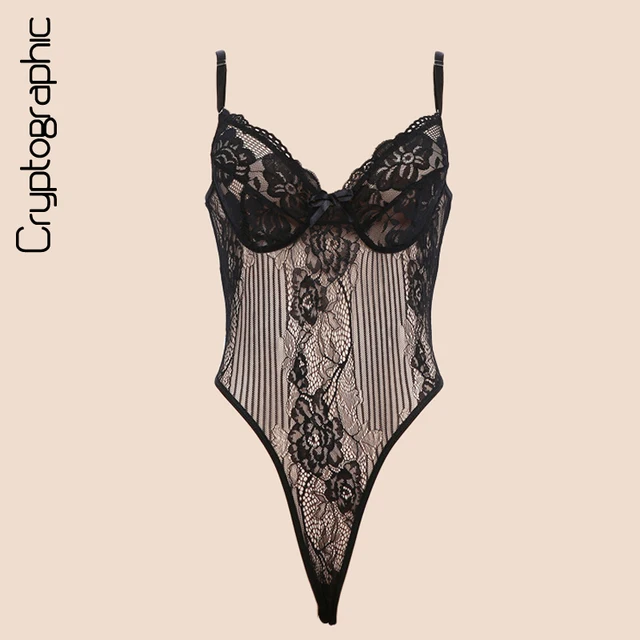 US $7.76 Cryptographic Black bow lace bodysuit women backless transparent sexy body jumpsuit rompers 2020 ca