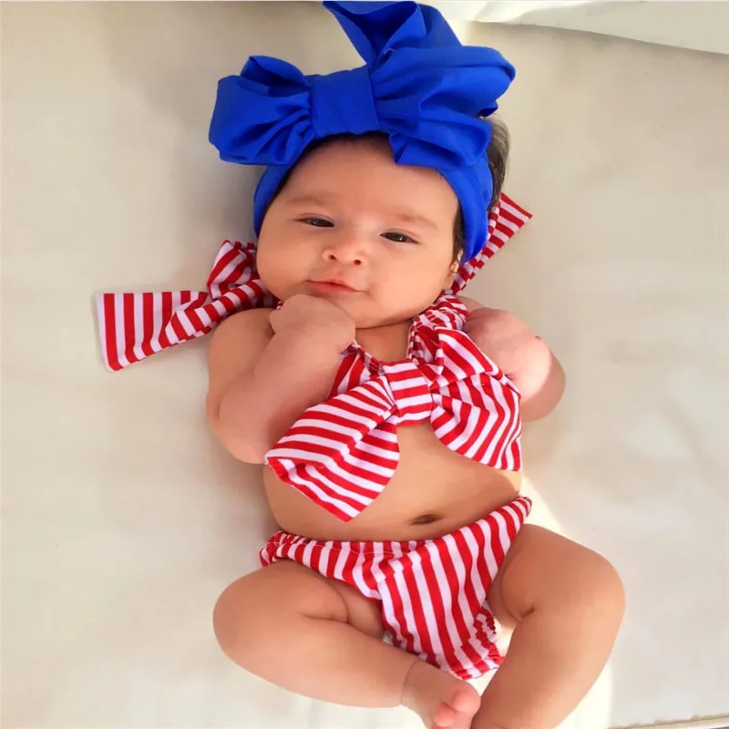 Baby Kids Two-piece Halter Bow Swimsuit Toddler Kid Girls Stripe Bikini Set Swimwear  Bathing Swimming Costume Suit