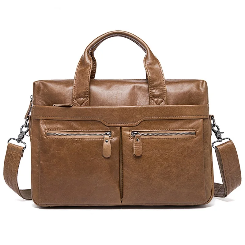 Брендовая деловая сумка для ноутбука из натуральной коровьей кожи, 14 дюймов, мужская сумка через плечо, bolsa maleta, простая известная, черного и коричневого цвета - Цвет: Коричневый