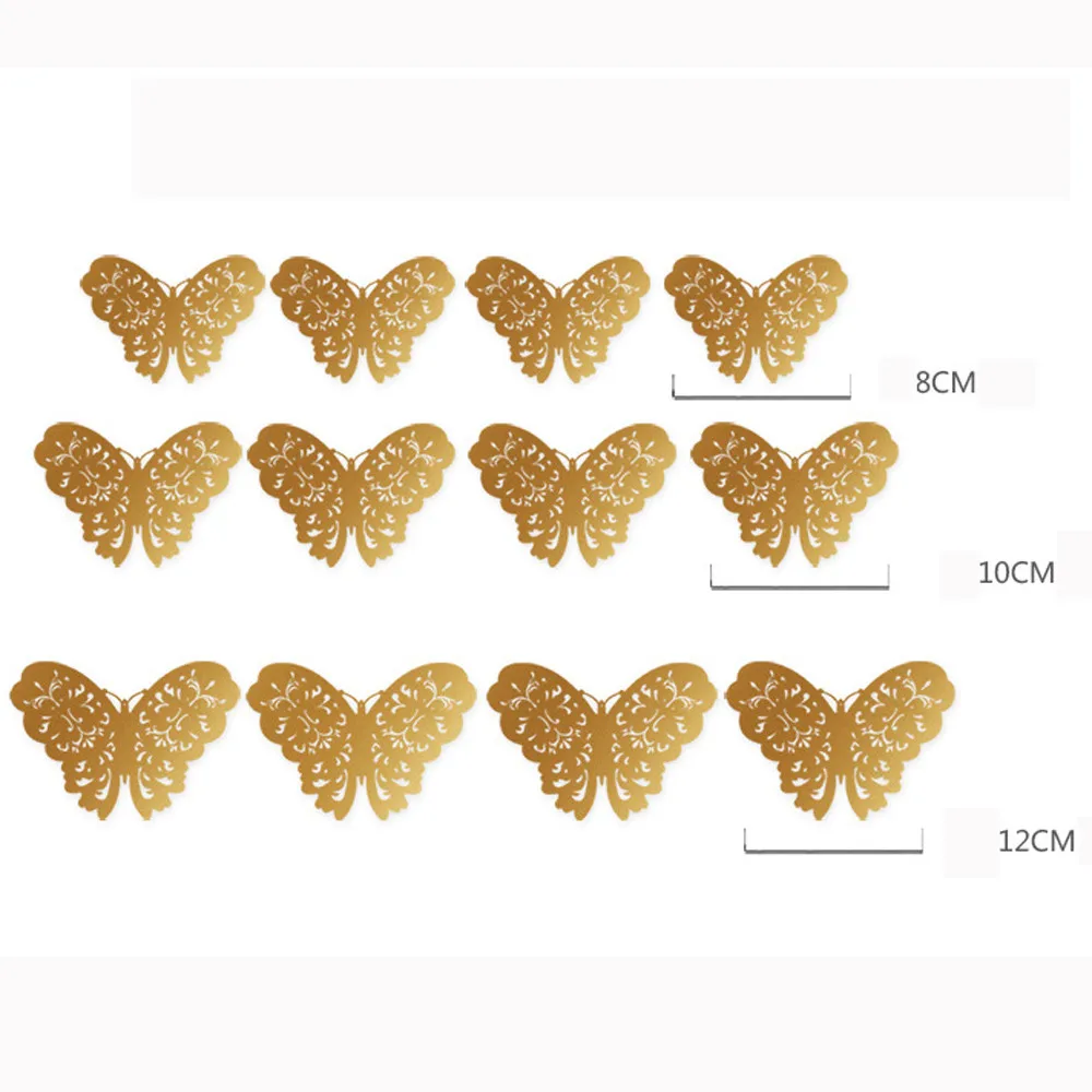 12 Pcs/Set 3D Wall Stickers Butterfly Hollow Paper 3Sizes Silver Gold For Fridge Stickers Home Party Wedding Decor