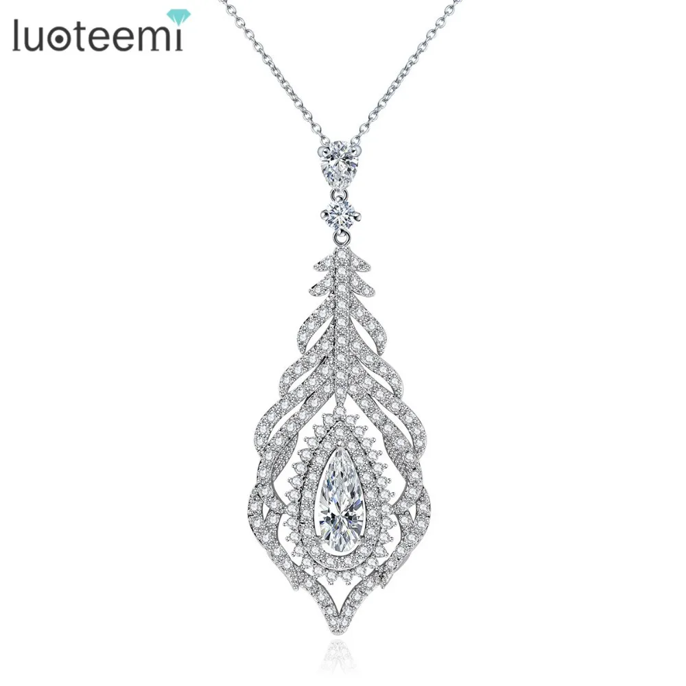 LUOTEEMI Brand New Luxury Cubic Zircon Micro Setting Feather Design font b Pendant b font font