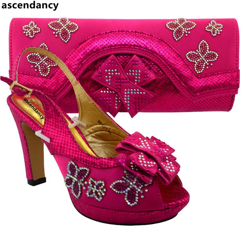 

New Arrival Fuchsia Color Ladies Italian Shoes and Bag Sets Decorated with Rhinestone African Shoes and Matching Bags Italian