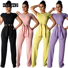INMOTENG 2019 New Women Knitted Short Sleeve Tie Up Sweater Straight Long Pants Suits Two Piece Set Vintage Tracksuit Outfit XXL