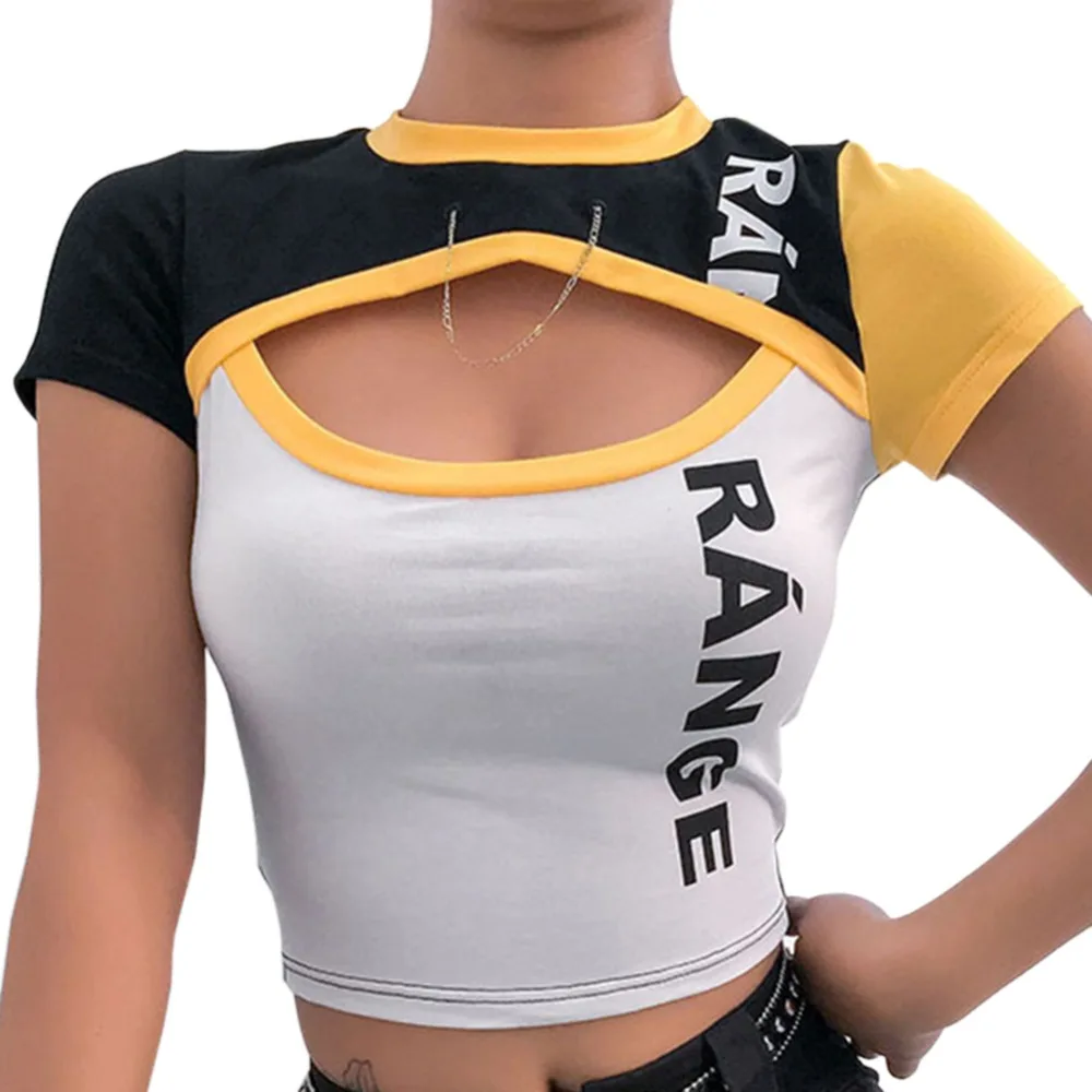 

Cotton streetwear t-shirt women clothes 2019 patchwork crop tops tees contrast color split summer t shirt sexy Top