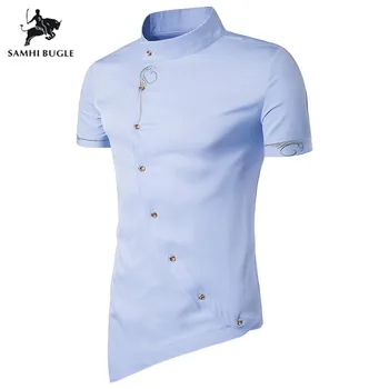 

2020 New Personality Oblique Placket Polo Shirt Men Pointed hem Gentleman's Clothing Short-sleeved Collar Polo Homme