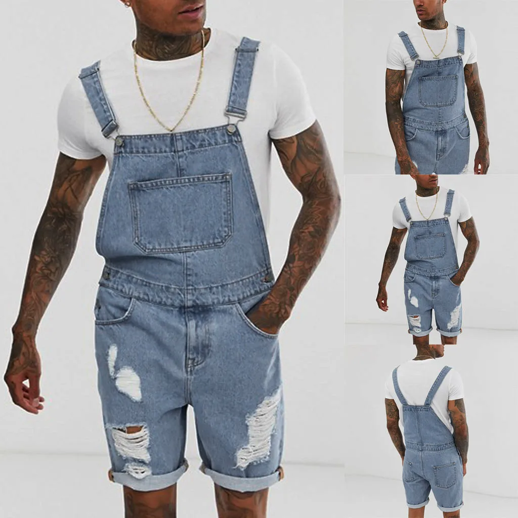 

2019 New Mens Hole Hip Hop Ripped Short Jeans Jumpsuits Distressed Denim Overalls Knee Length Suspender Cowboy Pants L0618