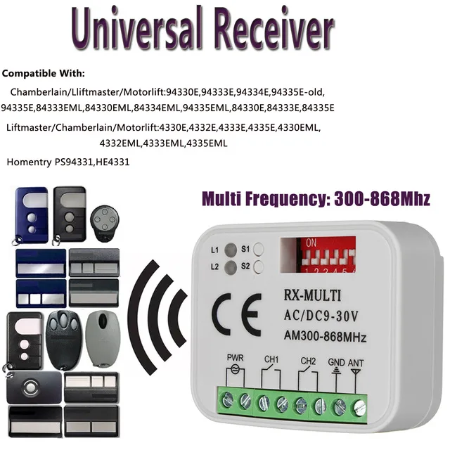 

Liftmaster Chamberlain 310mhz, 390mhz, 433.92mhz, 315mhz receiver Universal multy frequency automatic door Receiver