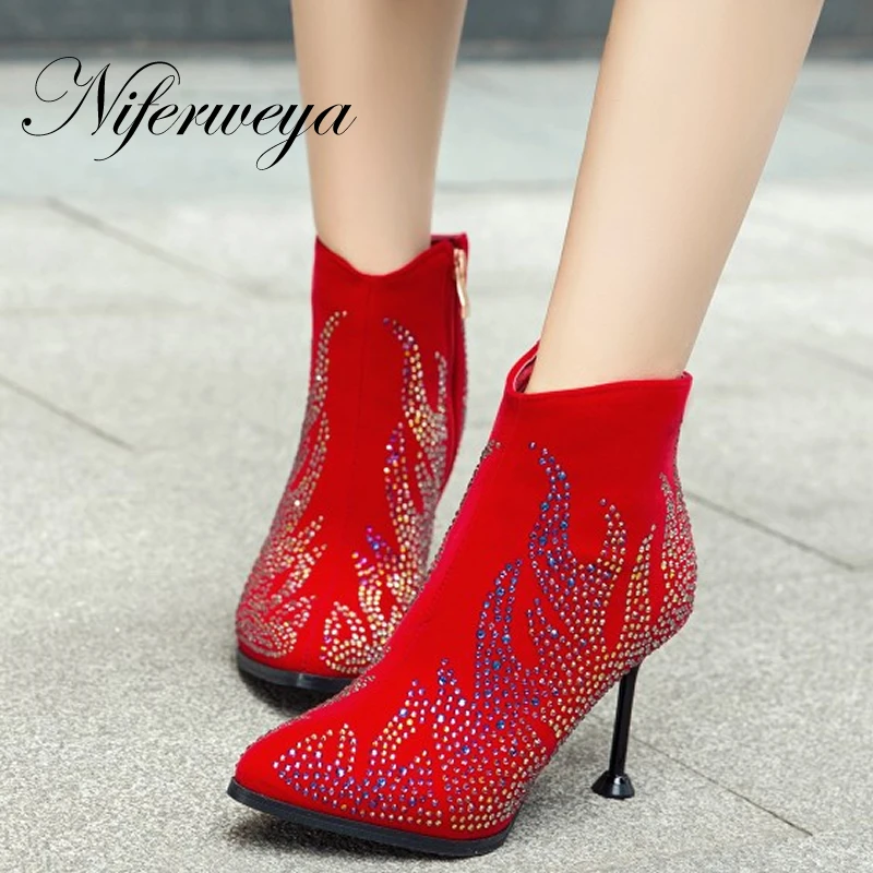 

New winter women shoes Big size 31-48 sexy Pointed Toe thin heel high heels Rhinestone decoration ladies zipper Ankle boots