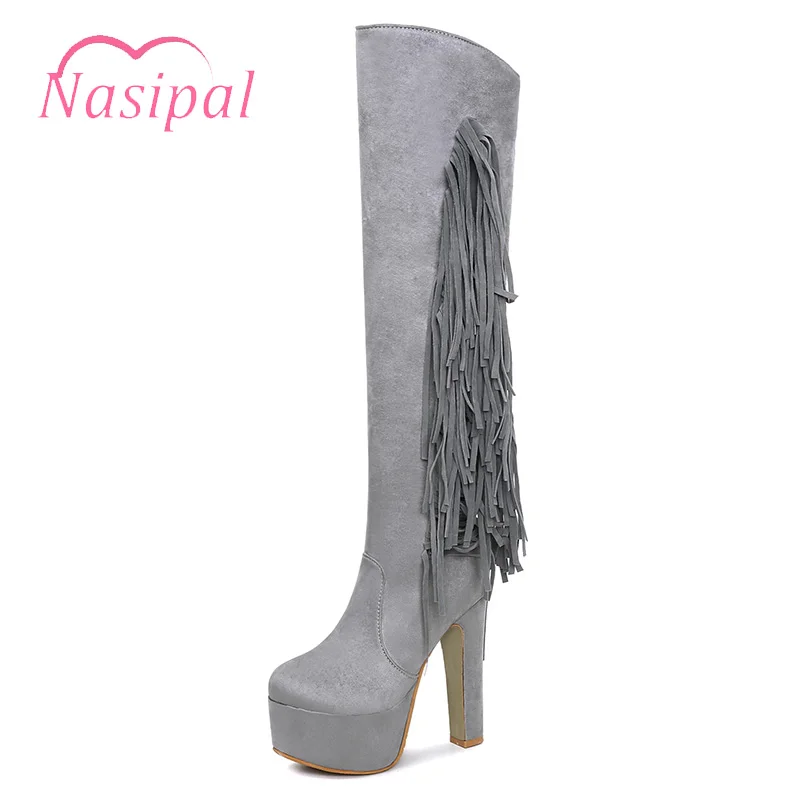

Nasipal Women Flock Platform Thick High Heel With Side Zipper Knee High Boots Fashion Fringe Keep Warm Winter Shoes Black Red