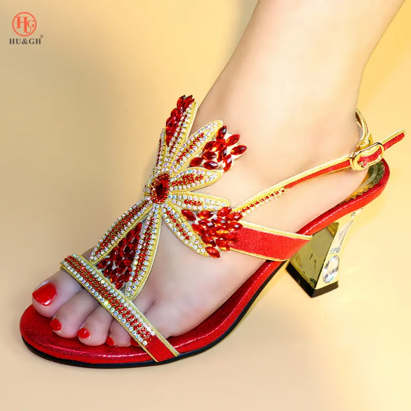 Hot Sale Red Color Shoes Summer Sandals High Heel Footwear Women African For Parties Blue Stones ...