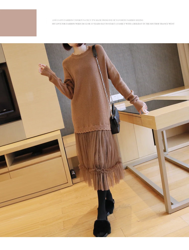 [XITAO] Новое весеннее корейское модное женское платье-пуловер с длинным рукавом и круглым вырезом, женское Сетчатое лоскутное одноцветное платье XWW2542