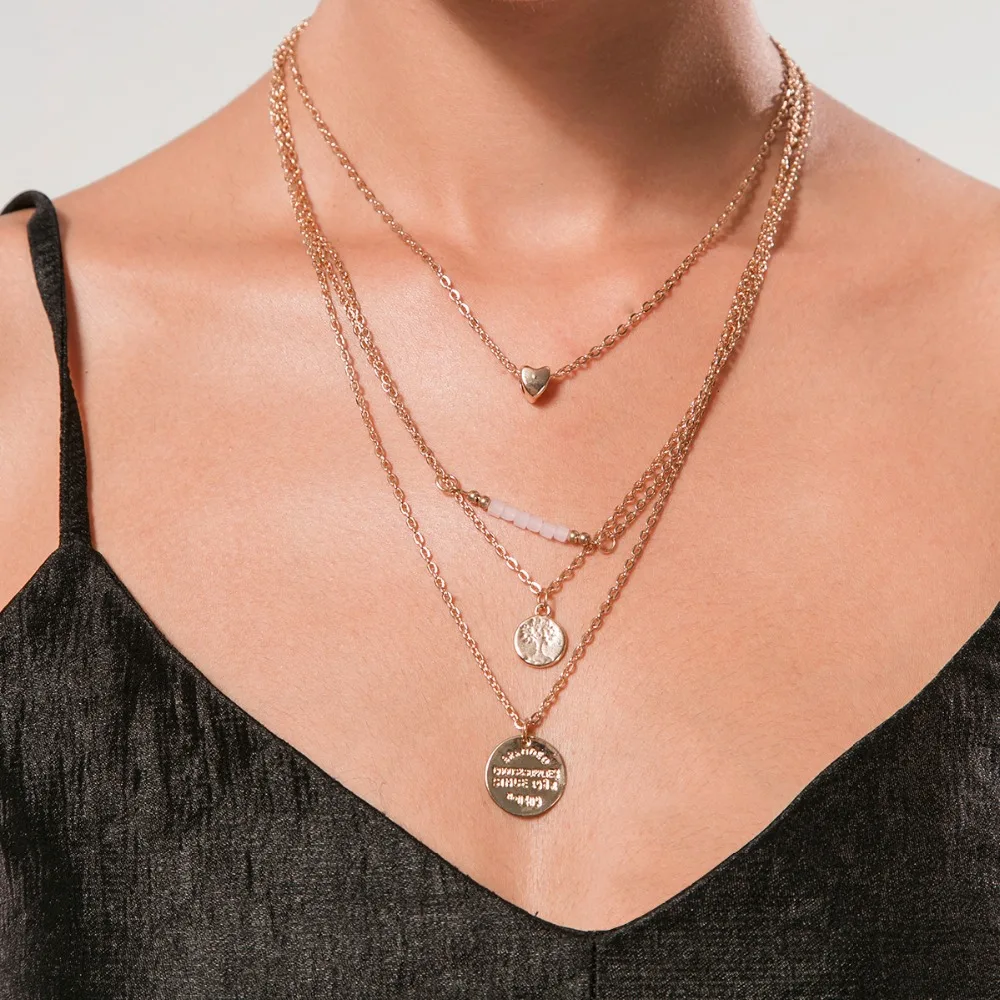

2017 Gold Color Multi layer Collar Necklace Pink Crystal Letter Round Coin Heart Pendant Long Chain Necklace for Gift MYC04010