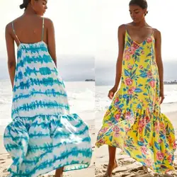 Для женщин летние каникулы без рукавов Tie Dye Макси платье в полоску богемный пляжный Сарафан V образным вырезом платья для