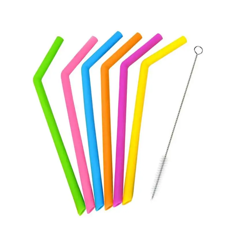 

2pcs Colorful Silicone Reusable Drinking Straws with Cleaning Brush Foldable Flexible Straight Party Bar Accessories Drinkware